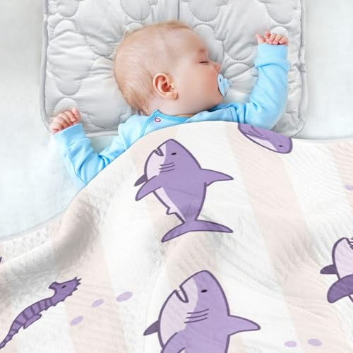 Custom Ocean Animal Fish Shark Lilac Purple Stripe Muslin Blanket Cozy Custom Prints Dog Baby Blanket for Nursery Stroller Crib 30x40in cobija personalizada para4