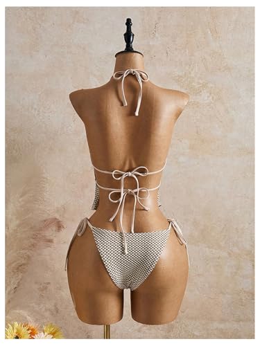 Image of RoseSeek Women's 2 Piece Boho Polka Dots Beaded Bikini Sets Sexy Swimsuits | Halter Swimsuits, Backless, Textured, Tie Side, Tankini Set, Bathing Suits, Summer, Vacation