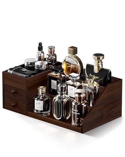 ProCase Wooden Cologne Organizer for Men 3-Tier Elevated Wood Perfume Storage Display Shelf with Drawers Dresser Storage Stand Riser for Fragrance Skin Care Gift for Him -Brown