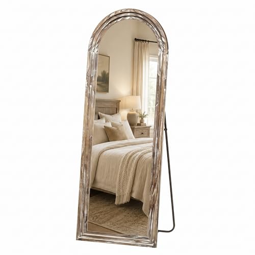 Pocetry 63"x21" Arched Solid Wood Full Length Floor Mirror, Whitewashed Rustic Farmhouse Body Mirror with Stand, Triple-Layer Frame for Bedroom & Entryway
