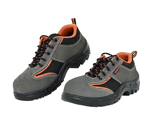 Image of Karam FS69 Grey and Black Suede Leather Safety Shoes for Men |Single Density with Steel Toe | Antistatic, Antislip, Oil & Heat Resistant