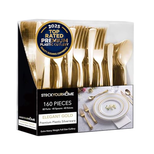 Gold Plastic Silverware Set (160 Bulk Pack) Disposable Cutlery Utensils, 80 Gold Forks, 40 Gold Knives, 40 Gold Spoons, Heavy Duty Flatware For Holidays, Parties, Dinners, Weddings, and Occasions