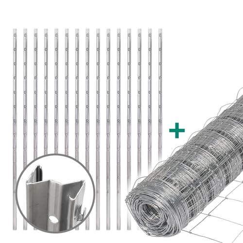 VOSS.farming Premium Wildzaun Komplettset 80cm 50m Knotengeflecht Verzinkt (50m Zaun 80/8/15 + 15 Z-Profilpfosten 150cm)