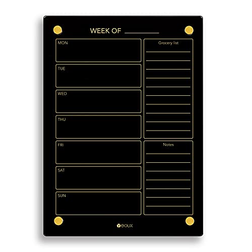 Black Glass Golden Weekly Dry Erase Calendar & Menu Whiteboard For Wall, Meal Planning & Grocery Shopping List White Board For Kitchen & Home, 15X11", 4 Wet Erase Markers Included, Yeoux #TOP1
