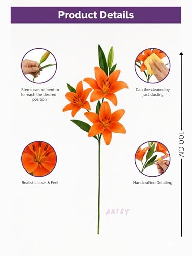 Image of ARTSY Artificial Flowers for Decoration Lily Flower Bunch for vase /Pot, Long Size Stick stem, Home /Office Decor, Gift, Artificial Plant, Craft, Without Vase, 100 cm Height, 1piece, Orange