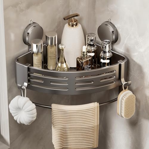 Image of VOLPONE Shower Caddy Corner Suction Cup Shower Shelf Corner No Drilling Bathroom Shower Organizer Storage Rack Adhesive (1-Pack, gray)