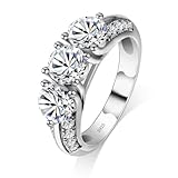GAUDALGEM Alianzas de boda de moissanita de 3 piedras para mujer, 3.1 quilates, corte redondo, color D, anillos de compromiso VVS1, plata de ley S925 chapada en oro blanco de 18 quilates, regalo del