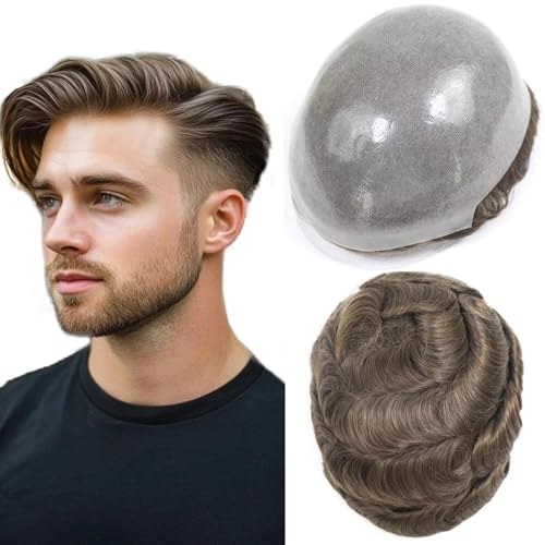 HAPPY&CC Toupee for Man Thin Skin PU Men's Hairpiece European Virgin Human Hair Replacement System...
