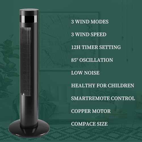 Image of Antarctic Star Tower Fan 85Oscillating Fan Quiet Cooling 12H Timer Remote Control Bladeless Electric 3 Speeds Wind 3 Modes, 35INCH, BLACK