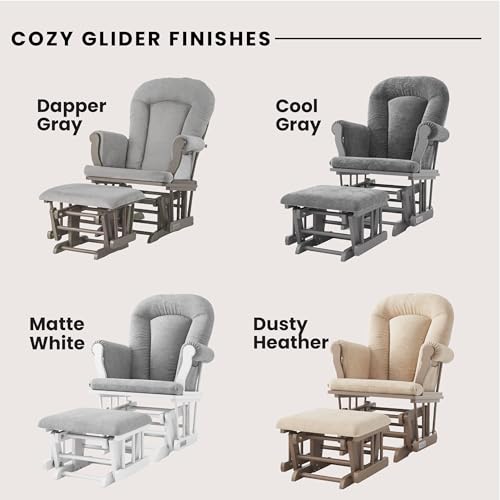 Child Craft Cozy Glider Rocker and Ottoman Set, Padded Cushion with Convenient Storage Pockets, Solid Wood Base & Frame (Matte White with Light Gray Cushion)