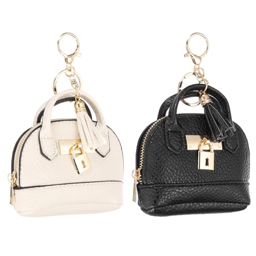 PATIKIL Mini Tote Bag Keychain, 2 Pcs Cute Coin Purse Keychain PU Leather Backpack Purse Key Chain Little Cosmetic Bag Keychains for Women Makeup Card Data Cable Organizer, Black/White
