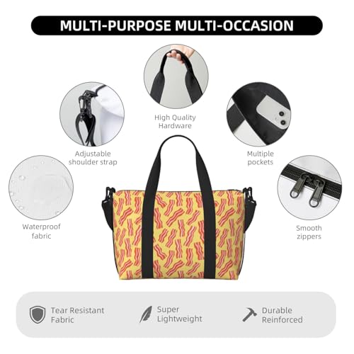 Carry On Duffle Bags Overnight Weekender Bags for Women, Cute Bacon Print Yellow Personal Item Travel Bag, Travel Essentials Sport Gym Bag for Men Women3