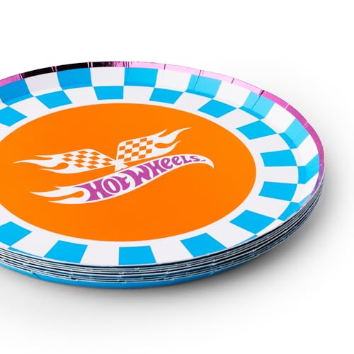 Image of Bonjour Fete Hot Wheels Blue Checker Small Paper Party Plates | Disposable Dessert Size | Premium Party Supplies | Kids' Birthday Celebrations, Car Racing Parties, and Playdates | Pack of 8, 8.25 inch D