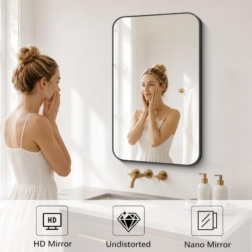 Image of DESBING 18 inchx30 inch Bathroom Mirror for Over Sink, Black Framed Wall Mirror | High-Definition Shatterproof Vanity Mirror with Rounded Corner for Bedroom Living Room Entryway Horizontally or Vertically