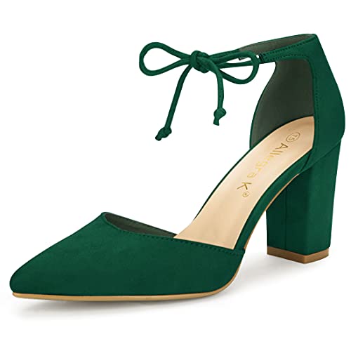 Allegra K Women Ankle Tie Chunky Heel Pointed Toe Dress Dark Green Pumps 7.5 M US