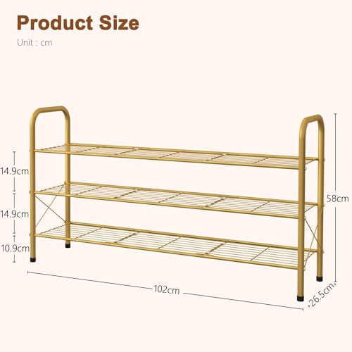 Image of Hoctieon 3 Tier Mesh Style Shoe Rack, Entryway Shoe Shelf, Shoe Storage Organizer, Shoe Rack for Closet, Space Save for Bathroom, Garage, Hallway, Bedroom, Living Room, Gold