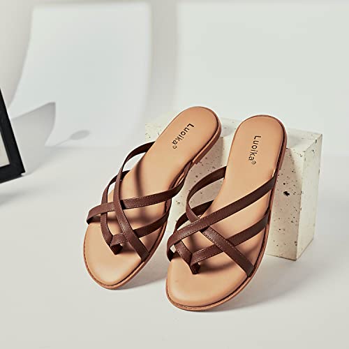 Image of Luoika Women's Wide Width Flat Sandals, Flip Flop Slides Sandal Casual Strapy Sandal Slip on Summer Beach Shoes for Women.
