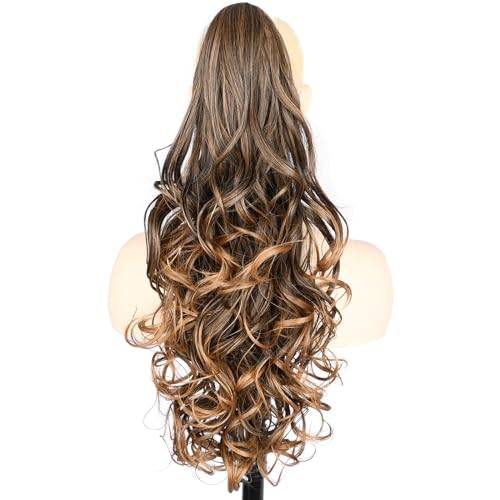 BOBIYA 24 Inches Claw Clip in Loose Curly Synthetic Wrap Around Ponytail Extensions Pony Tail Clip In Extensions (Dark Brown to Medium Brown)