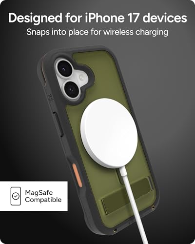 Image of ZAGG Rainier Case with Kickstand for iPhone 17 - Green Sea Kelp, Graphene 22ft (7m) Drop Protection, Lanyard Attach Points, MagSafe, Wireless Charging Compatible, 2-Piece Design, Phone Case