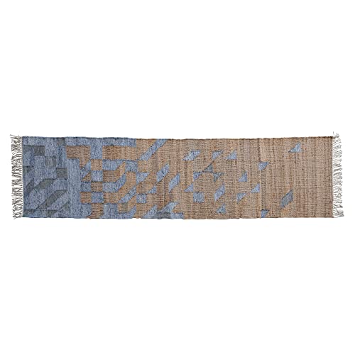 Bloomingville Coastal Jute and Cotton Kilim Embroidered Floor Runner Rug, Blue and Natural