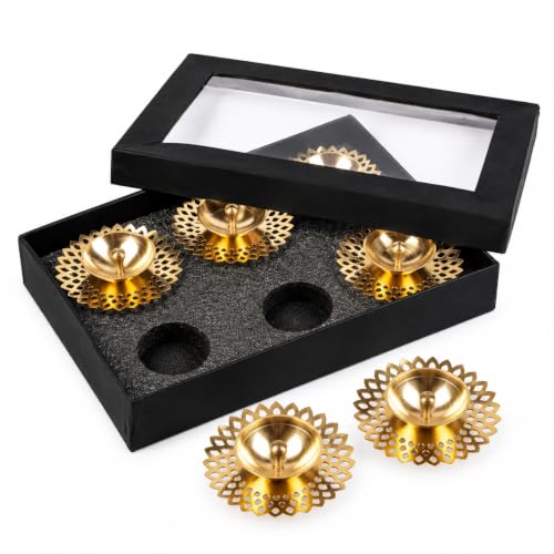 Image of Klassic 1.4 Inch Pure Brass Flower Design Akhand Deep Vilakku | Center Wick Pital Diya for Daily Puja, Home Temple, Festivals, Housewarming, Wedding & Return Gifts | Pack of 6