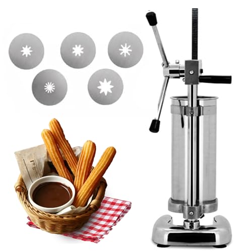 Máquina manual para hacer churros, 2L/3L Churrera española comercial con 5 moldes, diseño vertical de acero inoxidable, perfecta para relleno de churros y equipos de aperitivos, 3 L