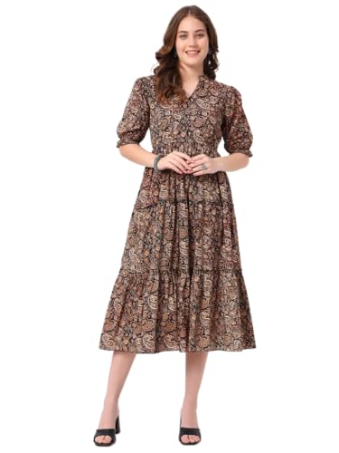 Image of Women's Fit and Flare Dress I Pure Cotton Long Summer Maxi Dress I V-Neck I Casual Wear I Printed Kalamkari Floral Middi