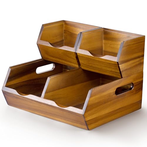 NAGAWOOD Acacia Wood Pantry Storage Bins - Stackable Open Front