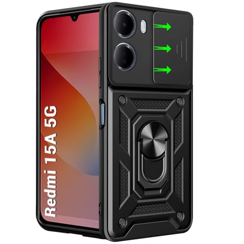 Image of TheGiftKart Tough Armor Bumper Back Cover Case for Mi Redmi 15A 5G | Kickstand & Ring Holder | 360 Degree Protection Back Cover Case for Redmi 15A 5G (PC & TPU, Sliding Camera Cover, Black)