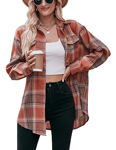 Womens Oversized Flannel Plaid Shirts Casual Button Down Blouse Tops with Pockets