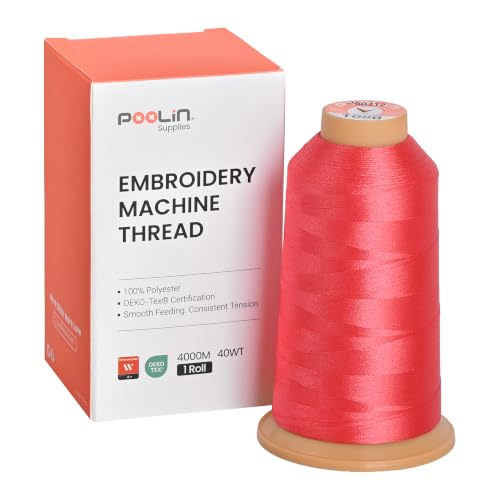 Image of Poolin Polyester Machine Embroidery Thread 4000M 40WT Coral Red 1080 | Smooth Feeding with Stable Tension for Clean, Consistent Stitching on Home and Commercial Embroidery Machines