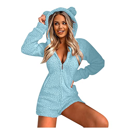Homecoming Suits for Women Women Long Sleeve Fashion Nightwear Suit Animal Ear Hooded Leopard Loose (Light Blue, XXL)
