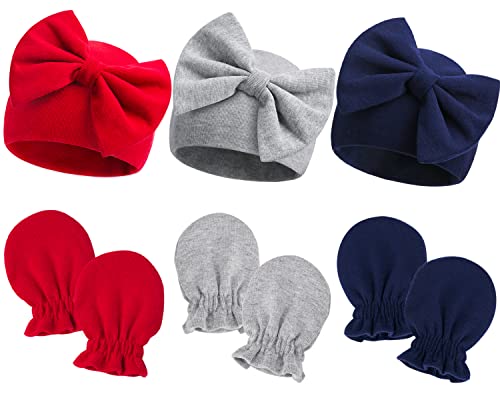 Image of Newborn Hospital Hats Gloves Baby Infant Bow Beanie Cotton Caps No Scratch Hat Mittens Set for 0-6 Months