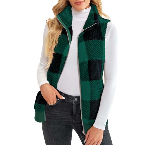 Womens Fuzzy Fleece Sherpa Vest Plaid Flannel Vest Coat Cute Vest for Teen Girls Sleeveless Winter Coat Zipper Jacket3