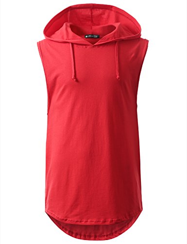 URBANCREWS Mens Hipster Hip Hop Basic Longline Hooded Muscle Tank Top RED, 2XL