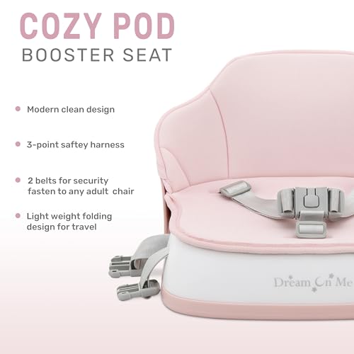 Image of Dream On Me Cozy Pod Baby Booster Seat for 6-36 Months, Portable Travel Booster Chair with 3-Point Safety Harness & 2 Fixing Belts, for Table & Dining, Lightweight Foldable & Easy to Carry - Pink
