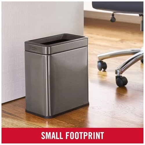 Image of Rubbermaid 2.6-Gallon Charcoal Stainless Steel Wastebasket, Slim Space-Saving Design, Ideal for Home /Office /Bathroom