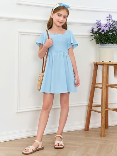 Haloumoning Girls Ruffle Short Sleeve Smocked Summer Dress Kids Square Neck A Line Flowy Mini Dresses 5-14 Years2