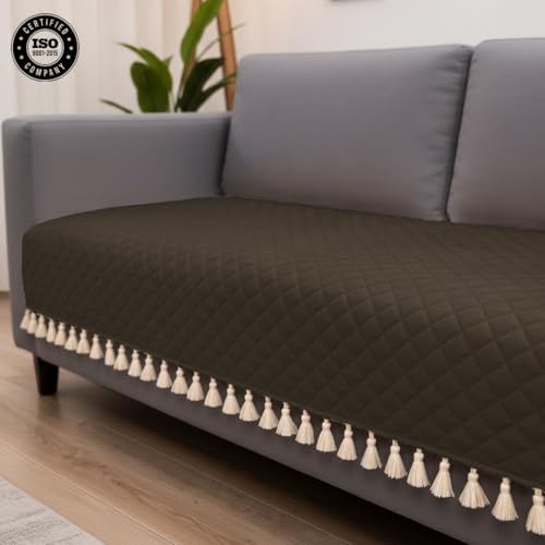 Image of HOMEMONDE 2 Seater Quilted Velvet Sofa Cover with Tassels |Soft, Durable & Premium Fabric with Tassels | Sofa Cover Mats for Living Room, Bedroom, Drawing Room & Office (76 X 122 CM, Brown)