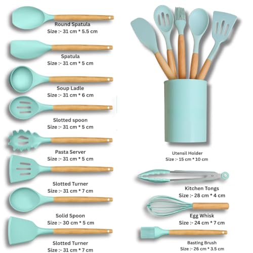 Image of 12 Pcs Silicone Cooking Utensils Set with Holder - Heat Resistant Spatula Turner Set, Wooden Spoons, Kitchen Gadgets Tools for Nonstick Cookware (12, Green)