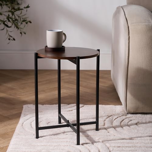 OHS Small Coffee Table Dark Wood Top Round Side Table for Living Room End Tables with Sturdy Metal Frame Decorative Nightstand Bedside Tables for Bedroom Office