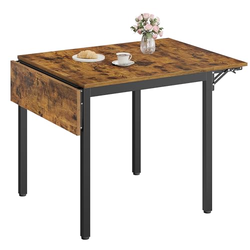 VASAGLE Folding Dining Table Drop Leaf Extendable for Small Spaces Seats 2-4 People Industrial 78 x 120 x 76.2 cm Rustic Brown and Ink Black KDT077B01