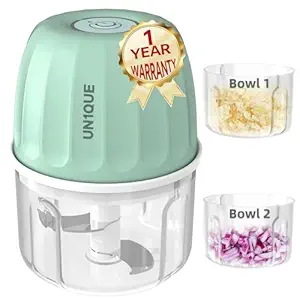 UN1QUE Rechargeable Mini Electric Chopper for Kicthen | One-Touch Operation | 2 Bowls= 500ML | 304 Stainless Steel Blades | Up to 45 Watt Chopper Electric for Chop, Mince, Puree, Whisk, Grind (Green)