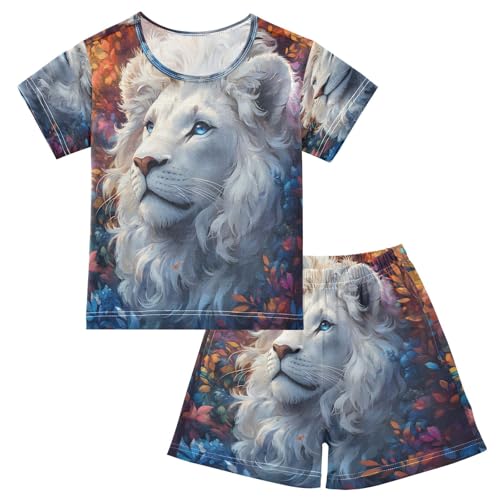 ALAZA Lion Flower Leaf Blossom Pajamas Set Short Sleeve Cotton Sleepwear Summer Pjs 2 Piece 5-14Y