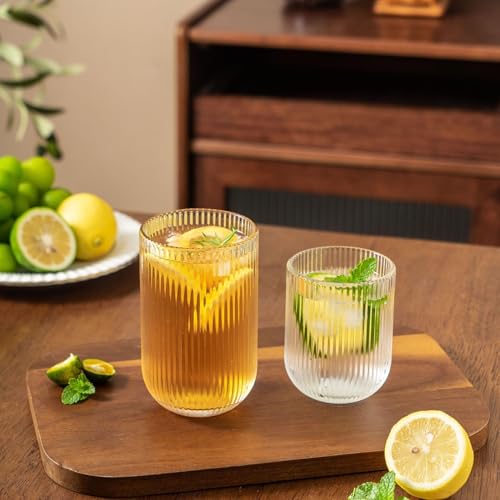 Image of criterion Ribbed Glass Cups Set of 4 - Clear Fluted Drinking Glasses for Iced Coffee, Boba Tea, Cocktails & Cold Drinks | Vintage Aesthetic Glassware for Home & Kitchen | 390ml