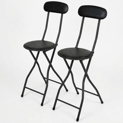 SuperGift.com 2x Round Compact Padded Folding High Back Stools Chair Back Rest For Breakfast Office Kitchen Desk Foldable Bar Chairs (Black)
