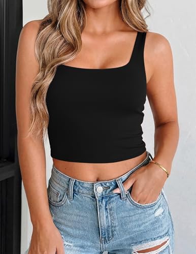 Zeagoo Women's Square Neck Sleeveless Double Layer Trendy Going Out Crop Tank Tops Black - image 3