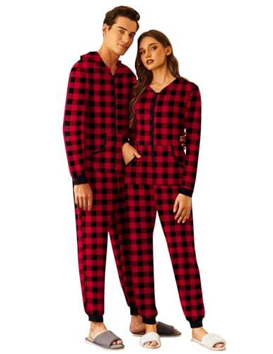 Ekouaer Christmas Matching Onesie for Couples Zipper One Piece Pajamas Adult Hooded Jumpsuit with Pockets