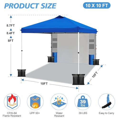 WEIZE 10ft X10ft Pop Up Canopy Tent,One-Button Push Setup,Pop Up Tent with 1 Sidewall and 6 Pockets,Adjustable Height Instant Portable Shelter,4 Weight Bags,Sun Shade for Events & Beach (Blue)