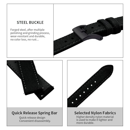 PTFULUOS Premium Soft Hybrid (Leather and Sailcloth) Watch Bands for Men Women,18mm 20mm 22mm Multiple Sizes Quick Release Replacement Watch Straps (Black-Black Buckle, 18 mm) by PTFULUOS - Used condition - Image 2